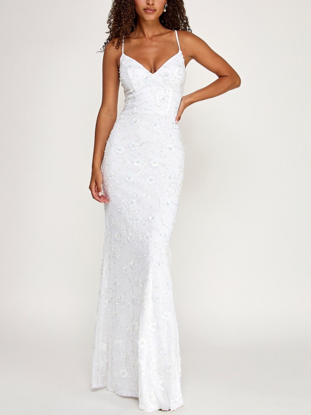 City Studio White Sequin Lace Maxi Dress with Spaghetti Straps